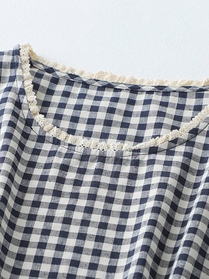 Lovevop Cotton And Linen Retro Loose And Slim Plaid Vest Dress