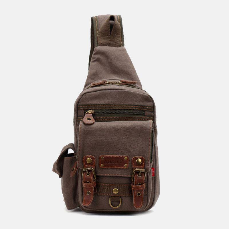 lovevop Men Genuine Leather And Canvas Travel Outdoor Carrying Bag Personal Crossbody Bag Chest Bag