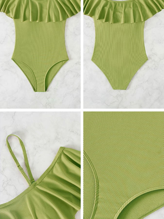 Conservative Suspender Shoulder Ruffled High Waist Conjoined Swimsuit