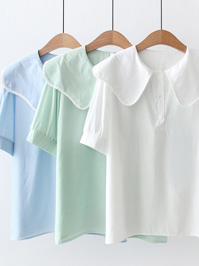 Lovevop Fresh And Sweet Solid Color Lotus Collar Short Sleeve Shirt