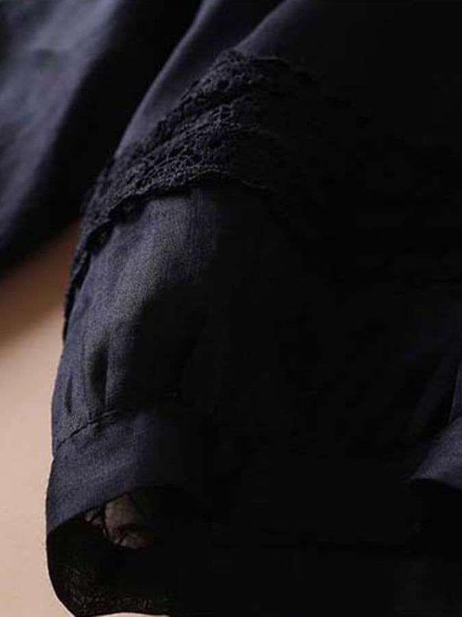 Lovevop Cotton V-Neck Pullover Lace Solid Shirt