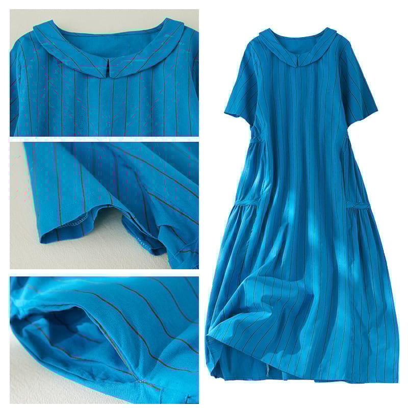 Lovevop Striped Underbelly Mid Length Polo Collar Cotton Linen Dress