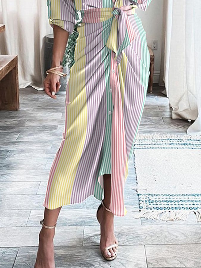 Long Sleeve V-neck Button Print Dress