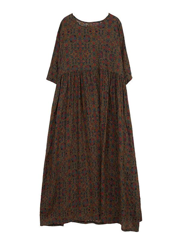 lovevop Vacation Loose Half Sleeves Floral Printed Pleated Round-Neck Midi Dresses