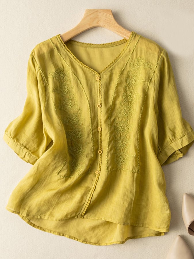 Lovevop Cotton Embroidered V-Neck Loose 3/4 Sleeve Shirt