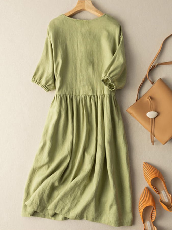Lovevop Mid Length Mid Sleeved Cotton Linen Dress