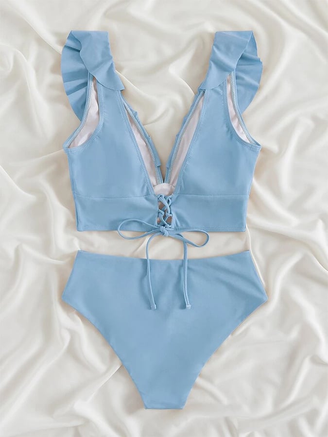 Ruffle Trim Lace-Up Back High Waisted Bikini Swimsuit