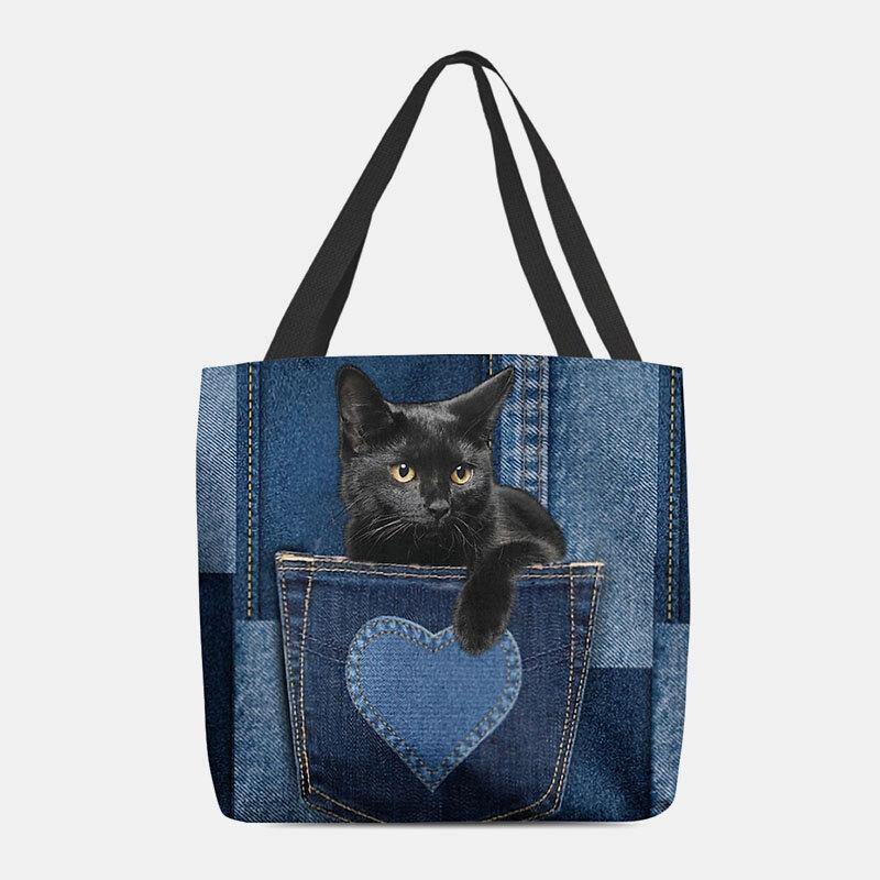 lovevop Women Felt Cute 3D Three-dimensional Black Cat Inside Jeans Pattern Shoulder Bag Handbag Tote