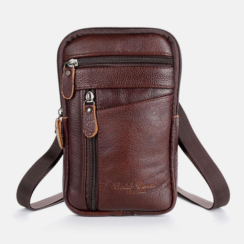 lovevop Men Genuine Leather Large Capacity Vintage 6.5 Inch Phone Bag Waist Bag Crossbody Bag Shoulder Bag