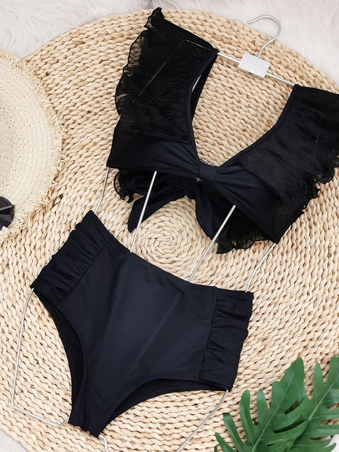 V-Neck Chiffon Ruffle Strap High Waisted Split Bikini