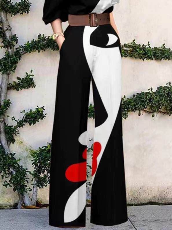 Love-vop - Half Sleeves Loose Contrast Color Face Printed Belted One-Shoulder Jumpsuits