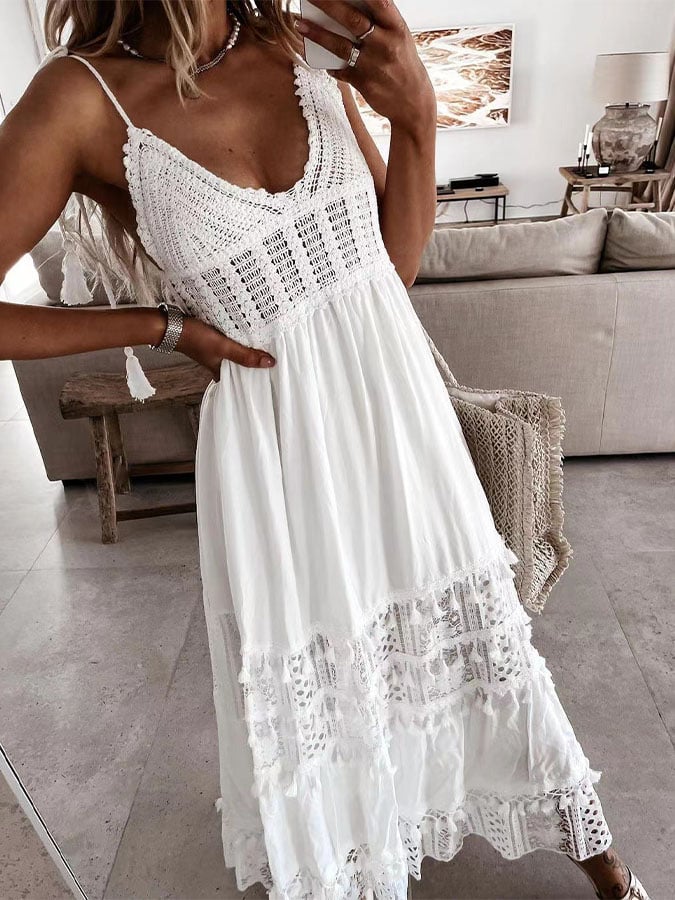 Fashion Lace Sleeveless Stitching Swing Long Dress