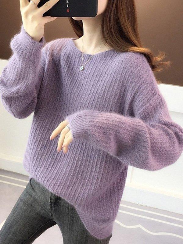 lovevop Simple Casual Loose 4 Colors Round-Neck Long Sleeves Sweater Top