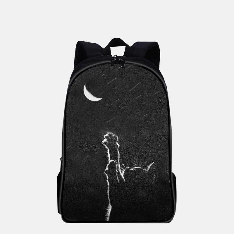 lovevop Women Oxford Cloth Casual Cute Black Cat Back View and Moon Printing School Bag Backpack