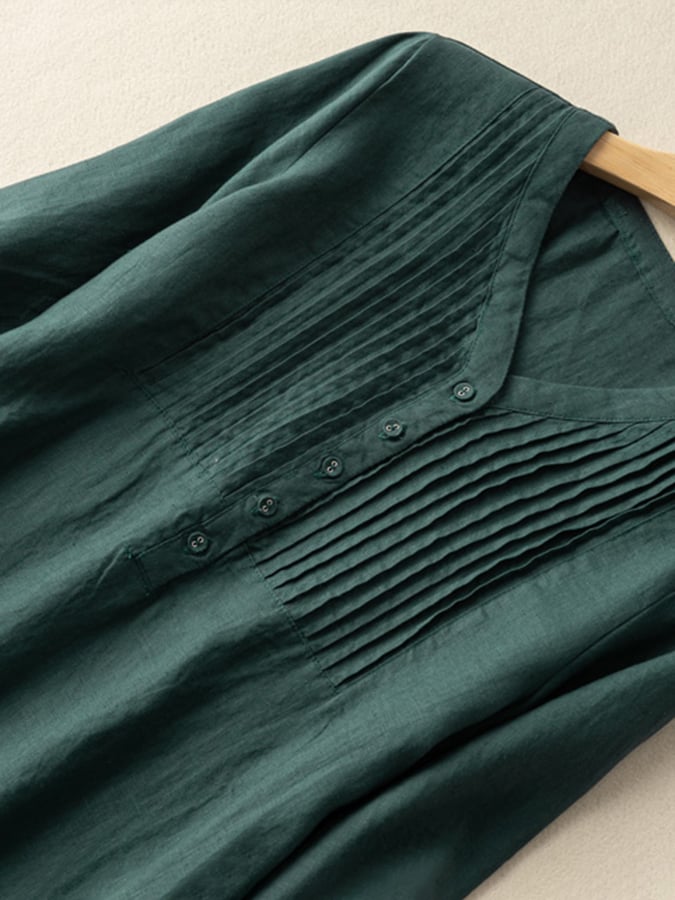 Lovevop Cotton And Linen V-Neck Pleated Loose Dress
