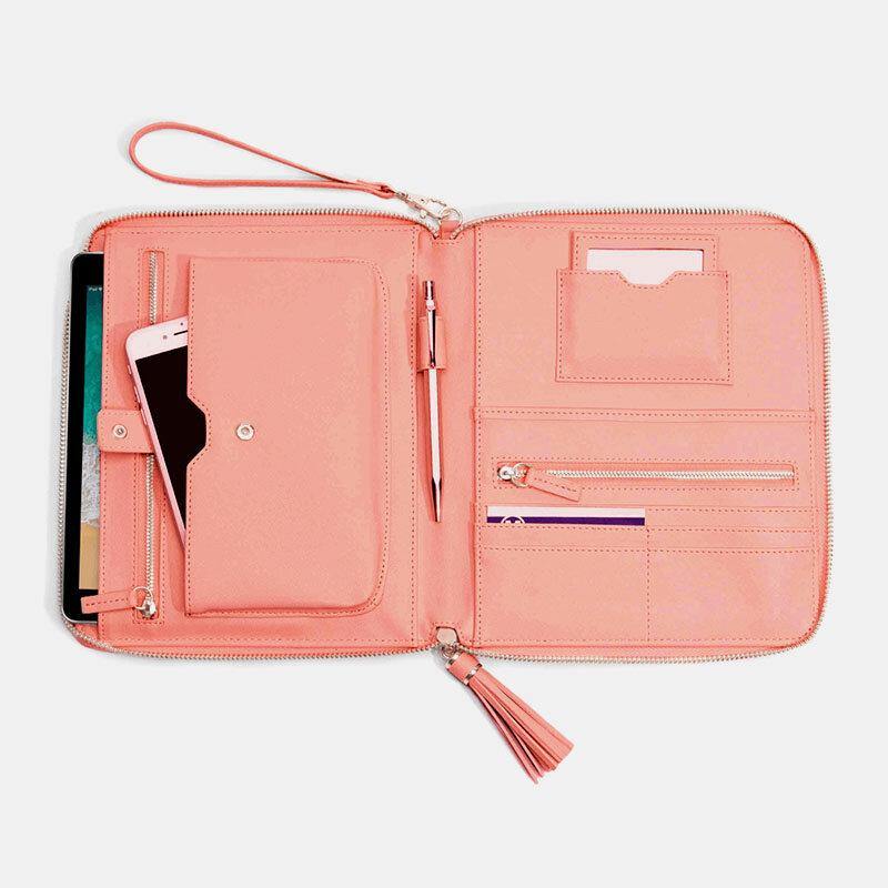 lovevop Women Leather Solid Color Multifunction Tassel 6 Card Slots Pen Phone Bag Clutch Bag