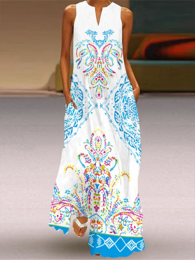 V Neck Sleeveless Butterfly Floral Print Long Dress