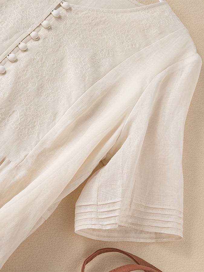 Lovevop Holiday Embroidered Medium Length Cotton Linen Artistic Dress