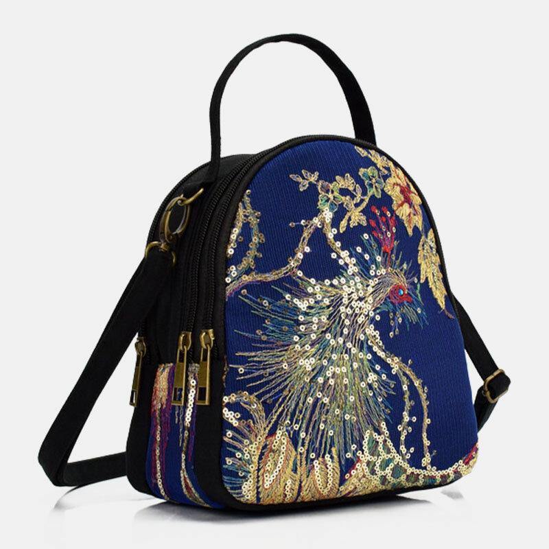 lovevop Women Canvas Ethnic Style Embroidery Peacock Pattern Sequin Mini Multi-carry Handbag Crossbody Bag