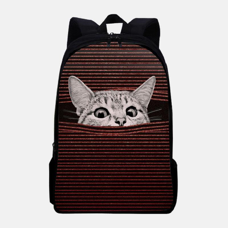 lovevop Women Oxford Cloth Large Capacity Cartoon Cat Stripe Pattern Printing Backpack