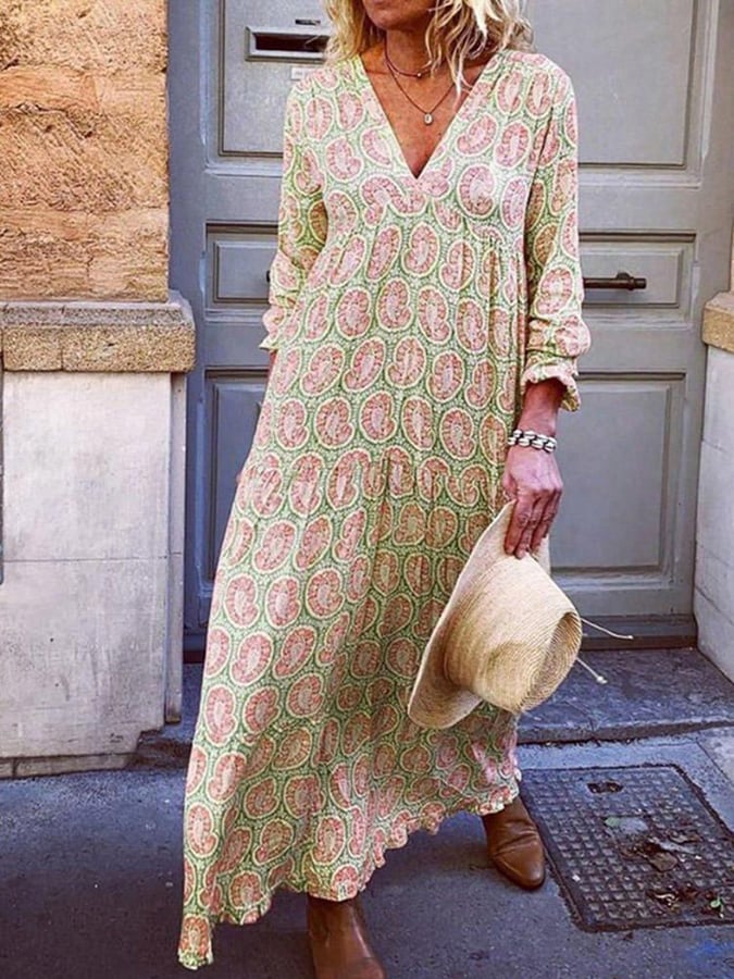 Women's Spring Summer Loose V Neck Long Dress