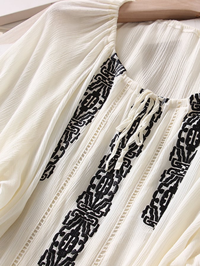 Lovevop Fashion Embroidered Lace Up Round Neck Shirt