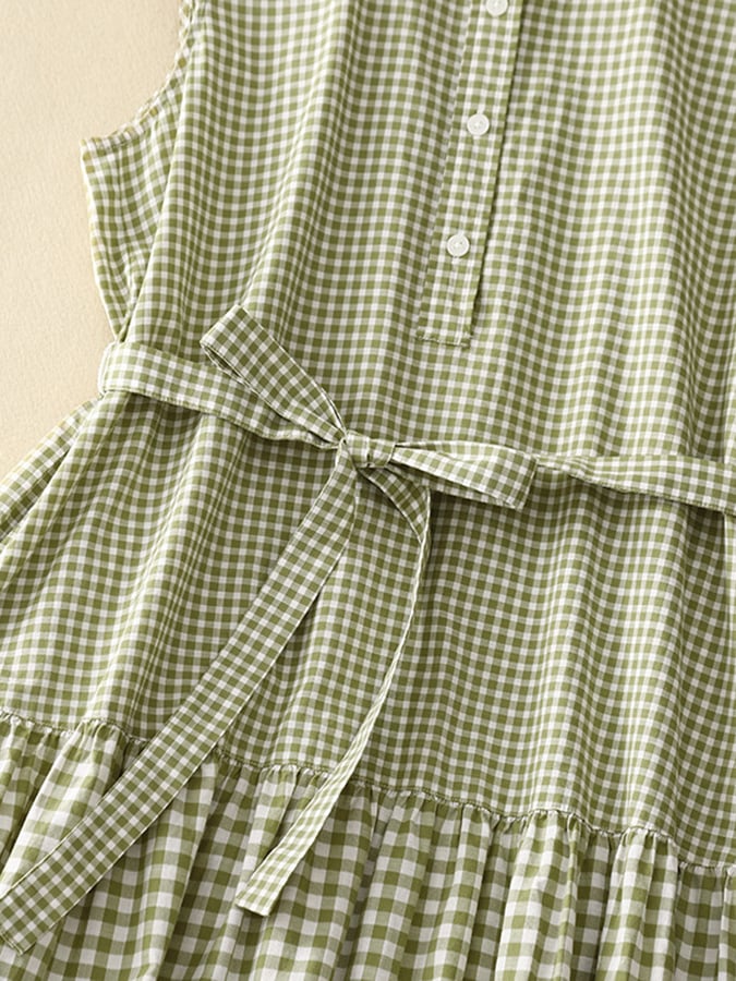 Lovevop Comfortable Thin Plaid Lace Up Sleeveless Dress