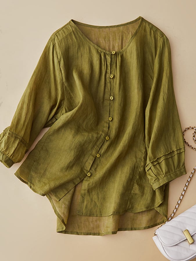 Lovevop Cotton Artistic Retro Round Neck Loose Shirt