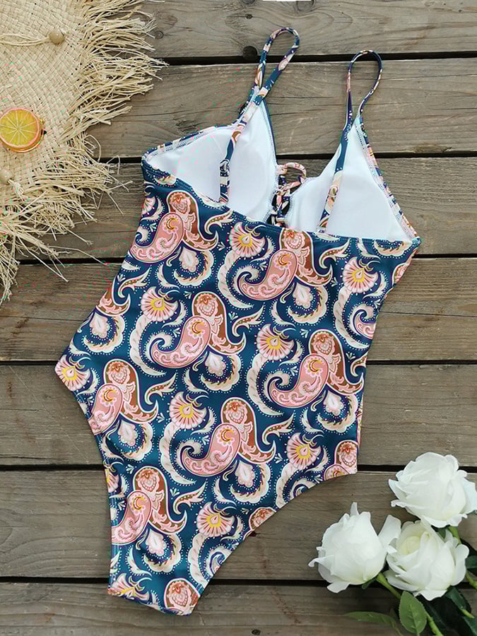 Deep V-Strap Cashew Flower Printed Triangular Integrated Swimsuit
