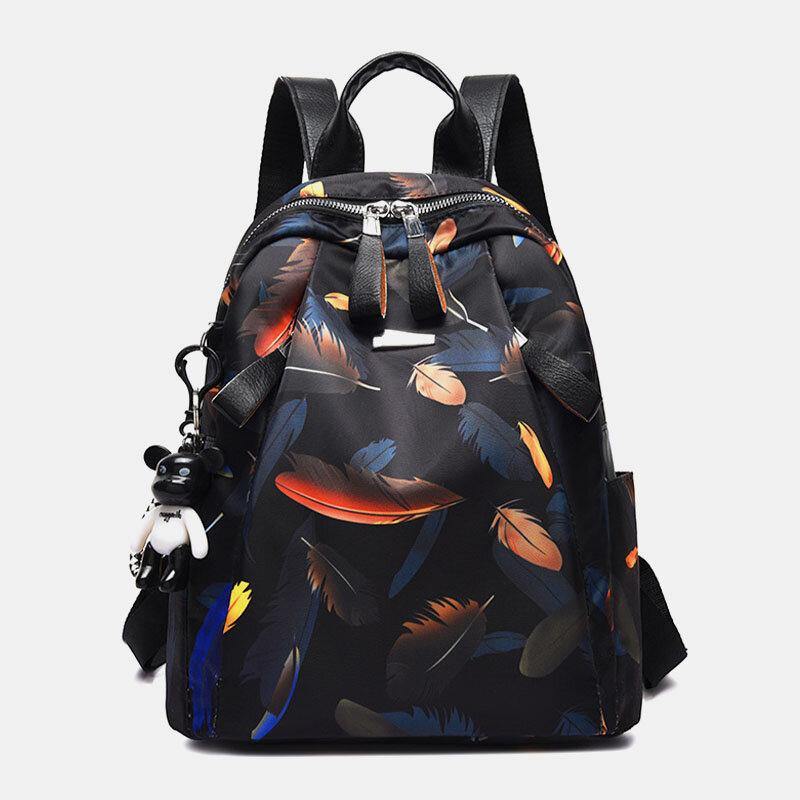 lovevop Women Oxford Butterfly Feather Pattern Large Capacity Headset Hole Waterproof Anti-Theft Casual Backpack