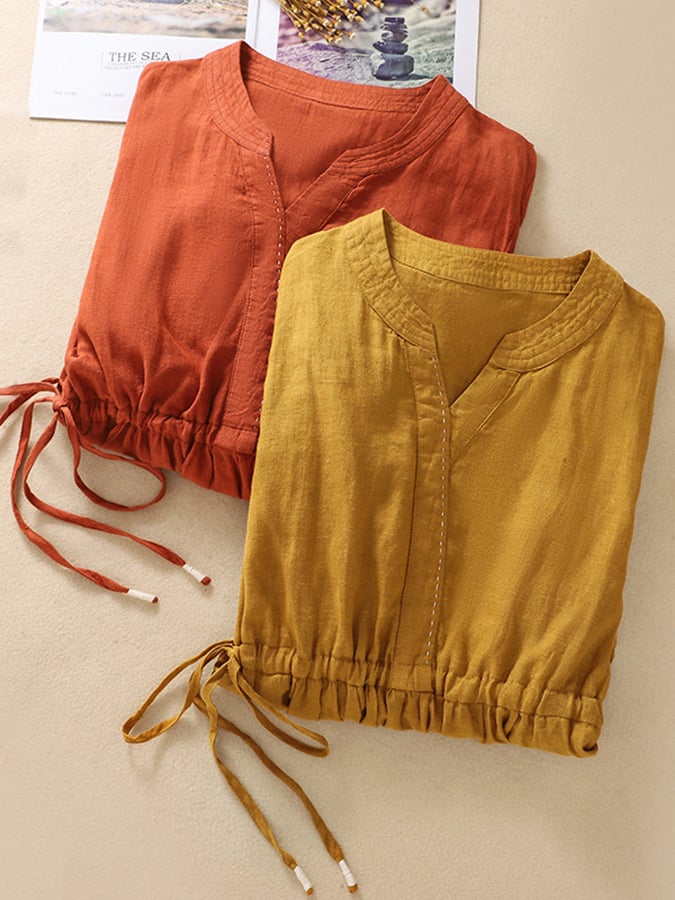 Lovevop Loose Cotton And Linen Drawstring 9-point Sleeve Dress