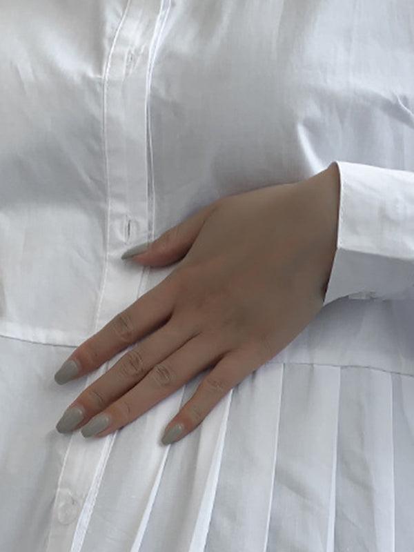 lovevop Stylish Irregular Solid Color Split-Joint Pleated Buttoned Stand Collar Long Sleeves Blouse