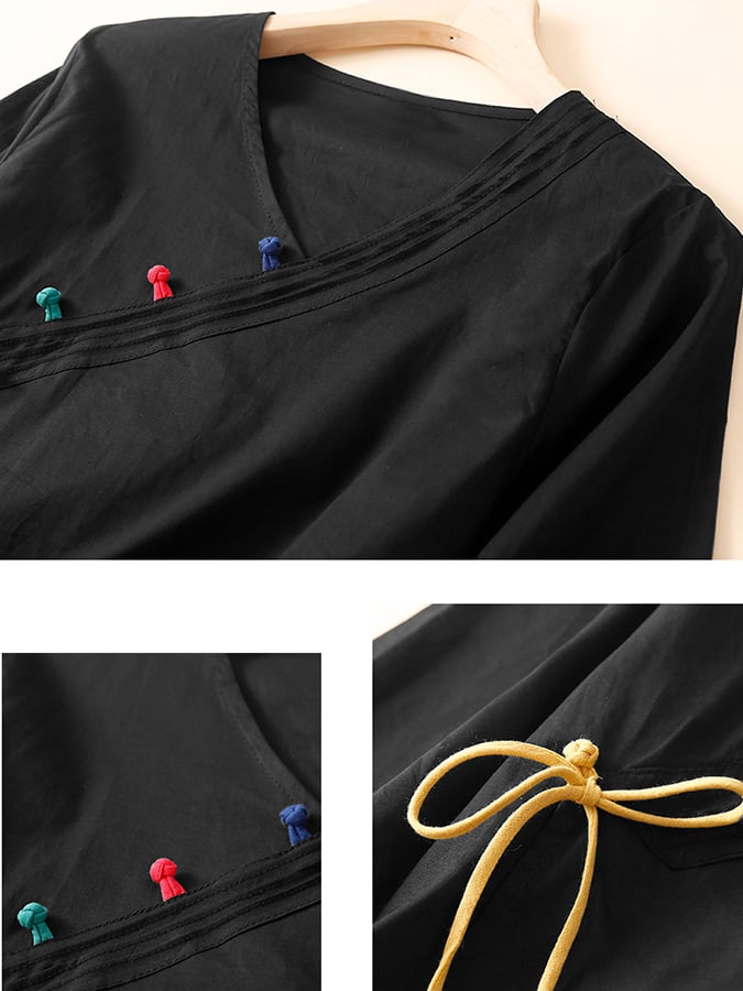 Lovevop Vintage Casual Buckle Pleated V-Neck Shirt