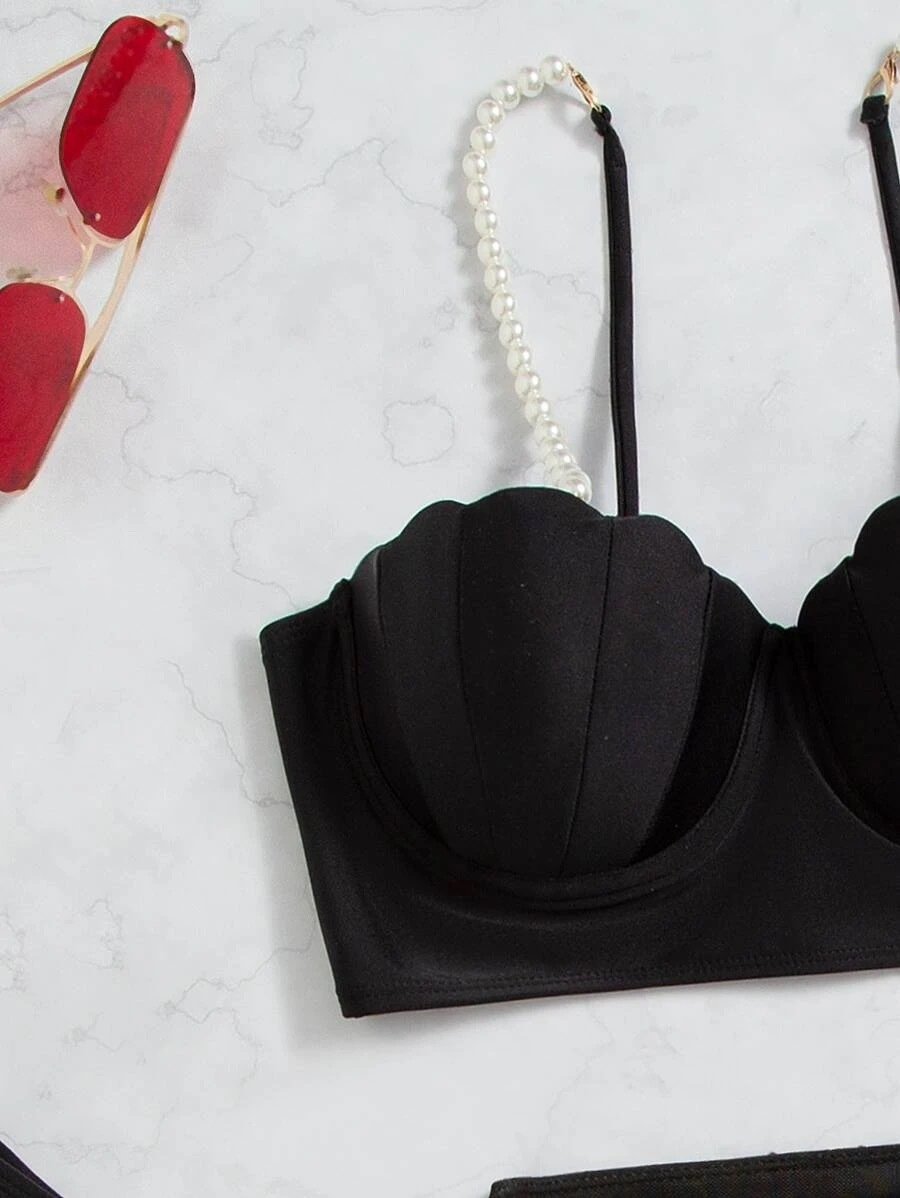 Sexy pearl strap solid color bikini