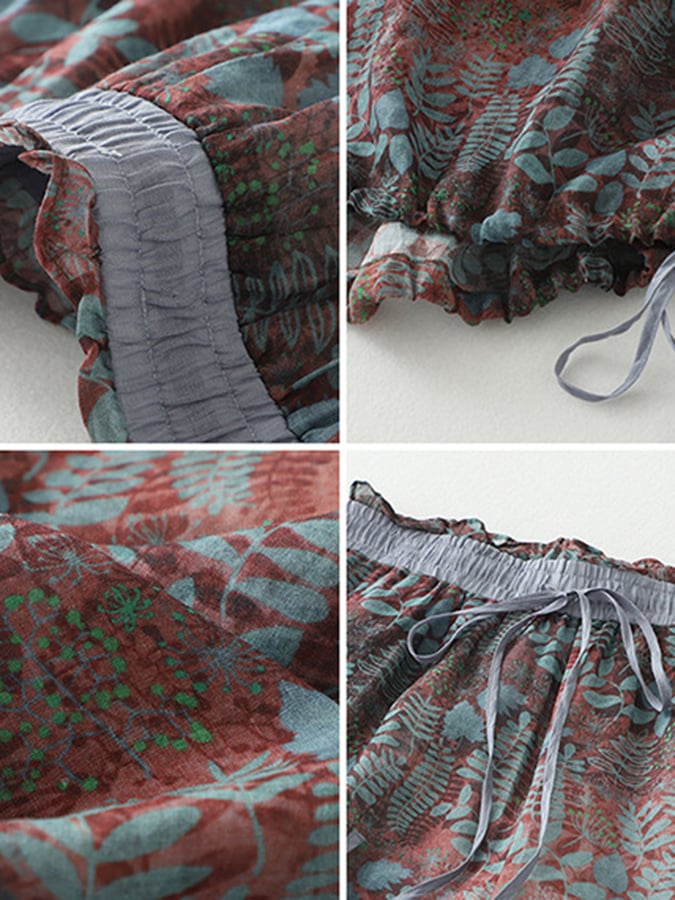 Lovevop Retro Casual Loose Print Lace Up Crop Pants