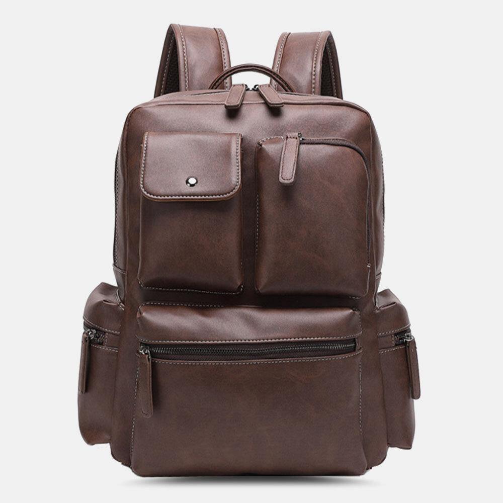 lovevop Men PU Leather Multi-pocket Breathable Backpack Retro Large Capacity 14 Inch Laptop Bag