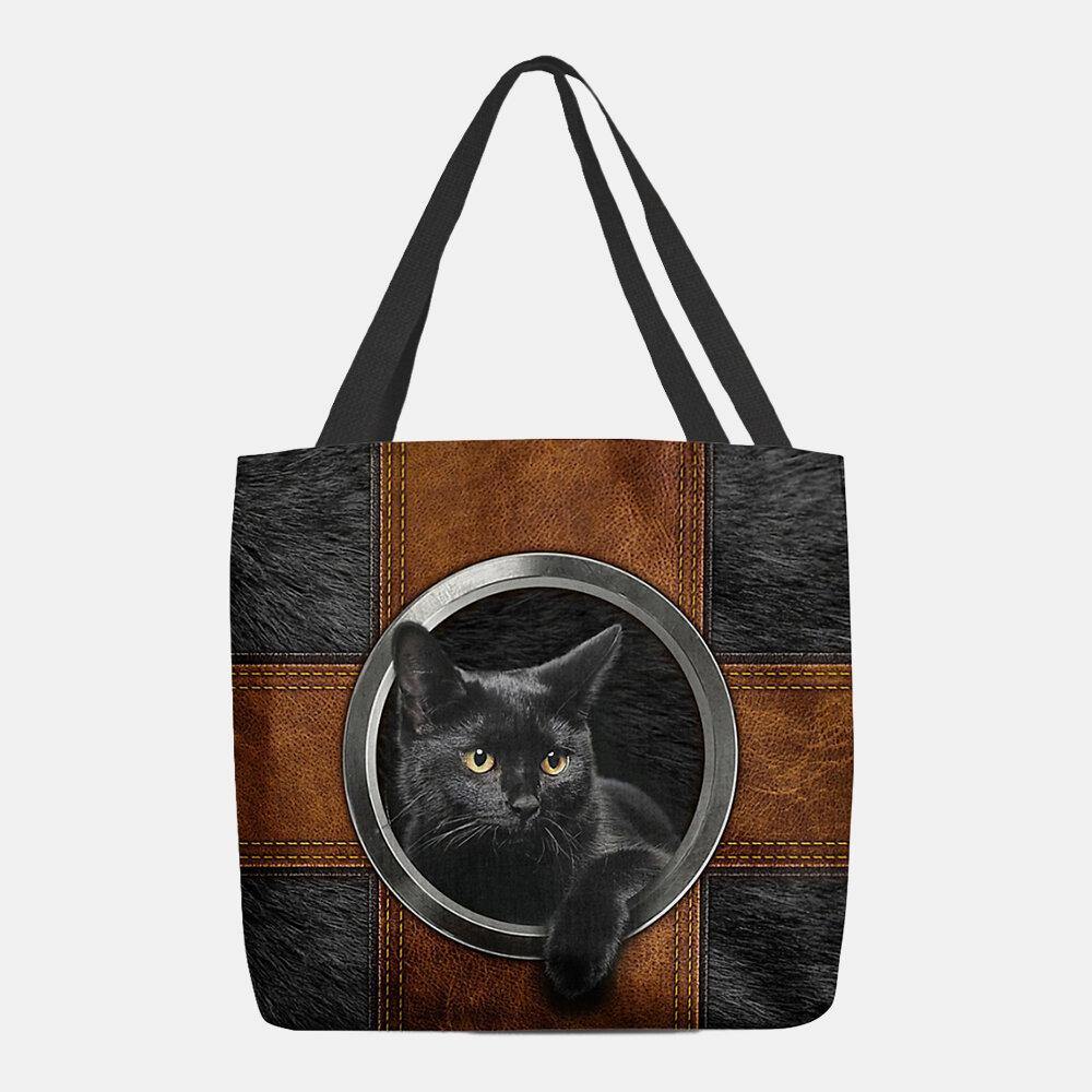 lovevop Women Canvas Cute Cartoon Black Cat Print Handbag Tote Shoulder Bag