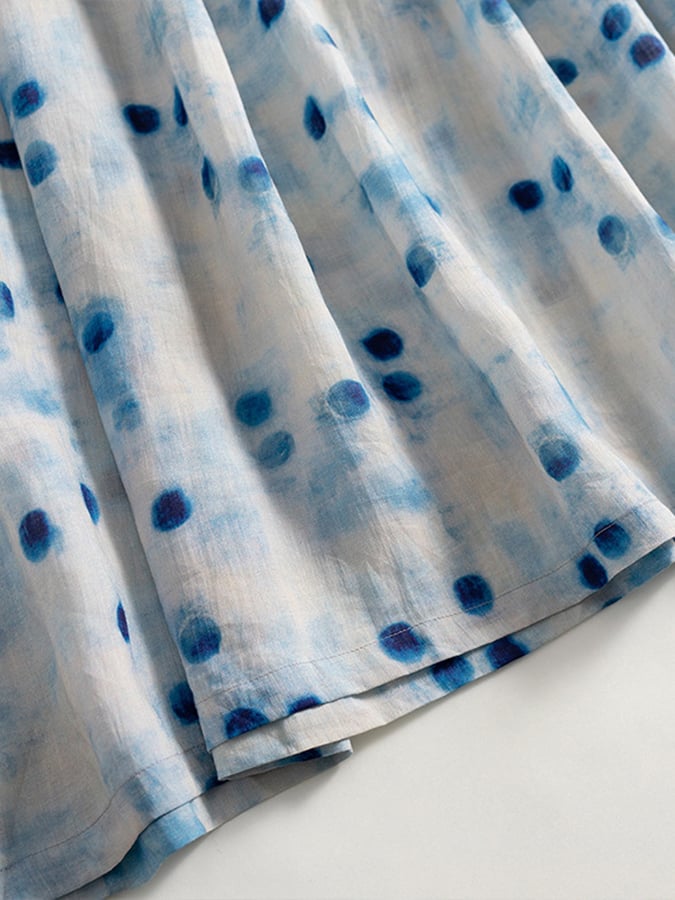 Lovevop Cotton Linen Blue Polka Dot Printed Loose Dress