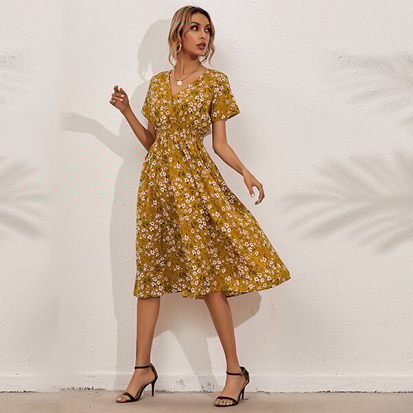 Women's Casual Floral Print V Neck Short Sleeve Summer Boho Beach Dress High Waist Long Maxi Dresses