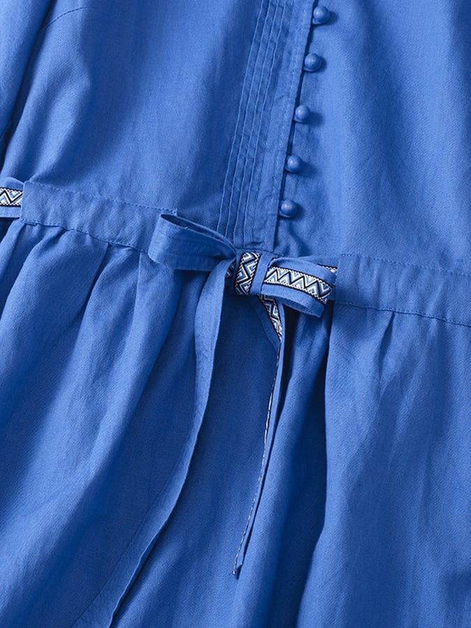 Lovevop Vintage Cotton And Linen Short Sleeved Ruffled Waist Tie Up Dress