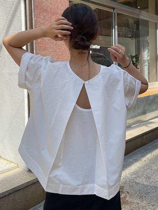lovevop Back Hollow Round Neck Simple T-Shirt
