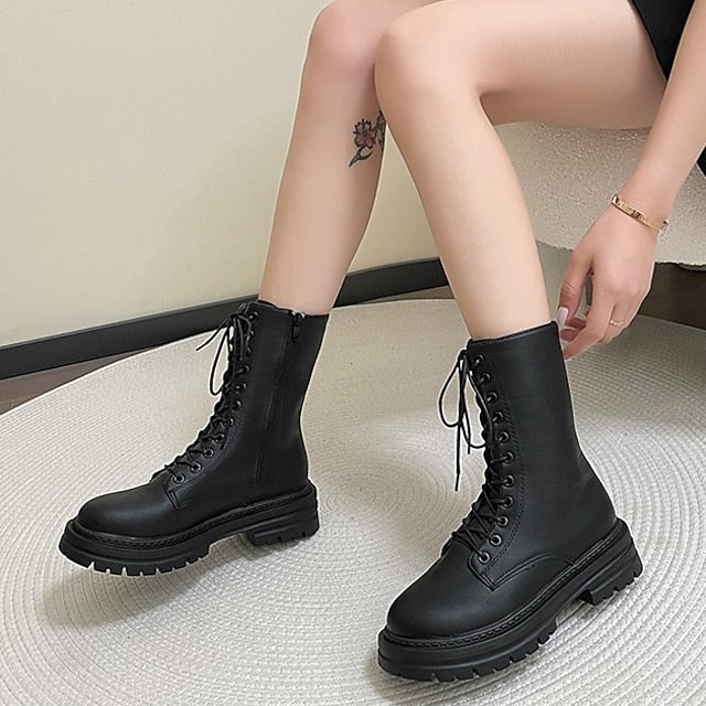 lovevop Autumn Boots Women's Boots Martin Boots Plus Size Lace Up Boots Daily Walking Zipper Chunky Heel Round Toe Elegant Casual Comfort Walking Shoes Faux Leather Lace-up Solid Color Black White