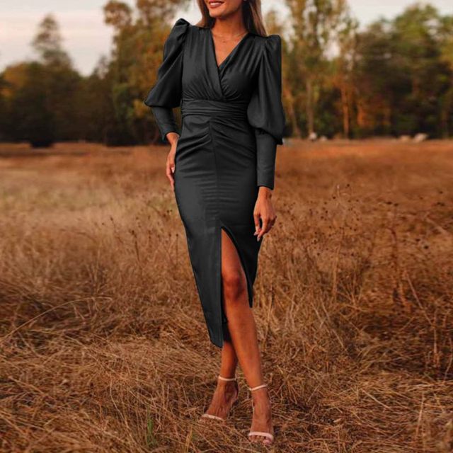 Women Puff Sleeve Sundress Celmia 2024 Elegant Party Dress Slit Hem Solid V Neck Pleated Stain Vestidos Bodycon Robe