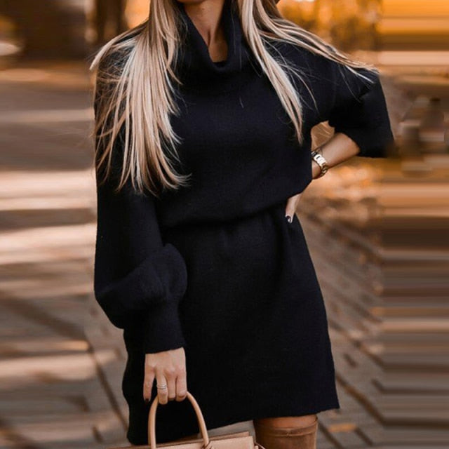 Women Casual Lantern Sleeve Knitted Dress Long Sleeve Turtleneck High Street All-match Party Pullover 2024 Winter Fashion Dress