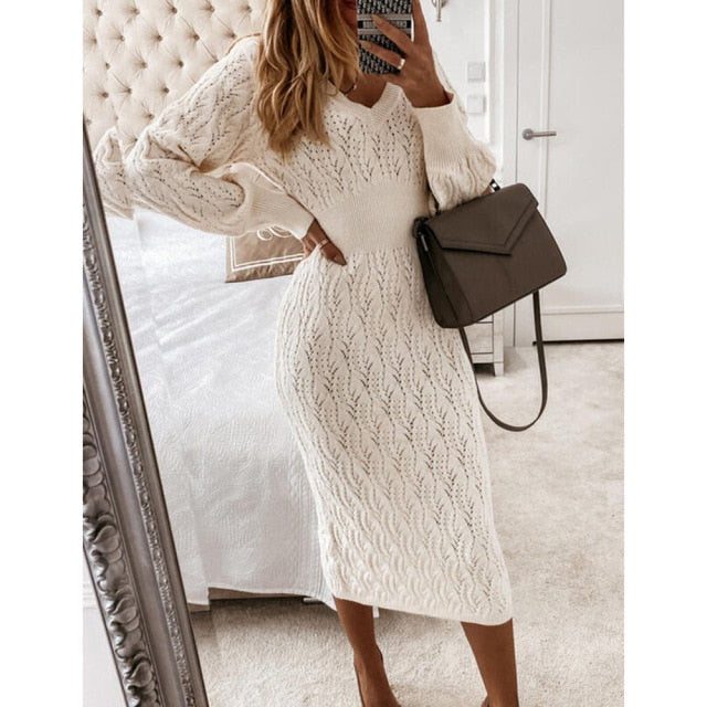 Women Office Lady Hollow Out Knitted Dress Lantern Sleeve Sexy V neck All-match Casual Party Dress 2024 Winter Fashion Dress