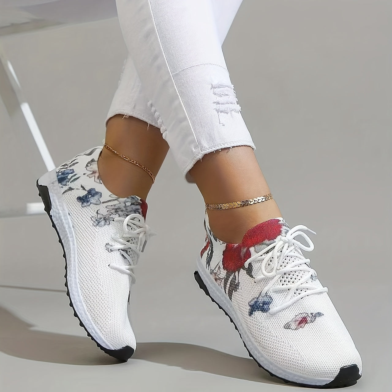 「lovevop」Women's Floral Print Sneakers, Lightweight Low Top Lace Up Shoes, Women's Breathable Knit Shoes