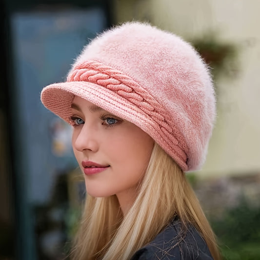 Cozy Faux Rabbit Fur Beanie with Brim - Thick Knit Winter Hat for Women, Warm & Stylish, Perfect for Christmas
