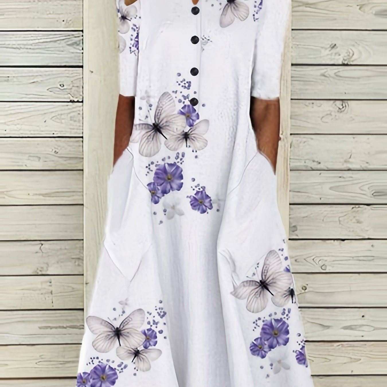 「lovevop」Floral & Butterfly Print V Neck Dress, Casual Button Front Short Sleeve Dress For Spring & Summer, Women's Clothing