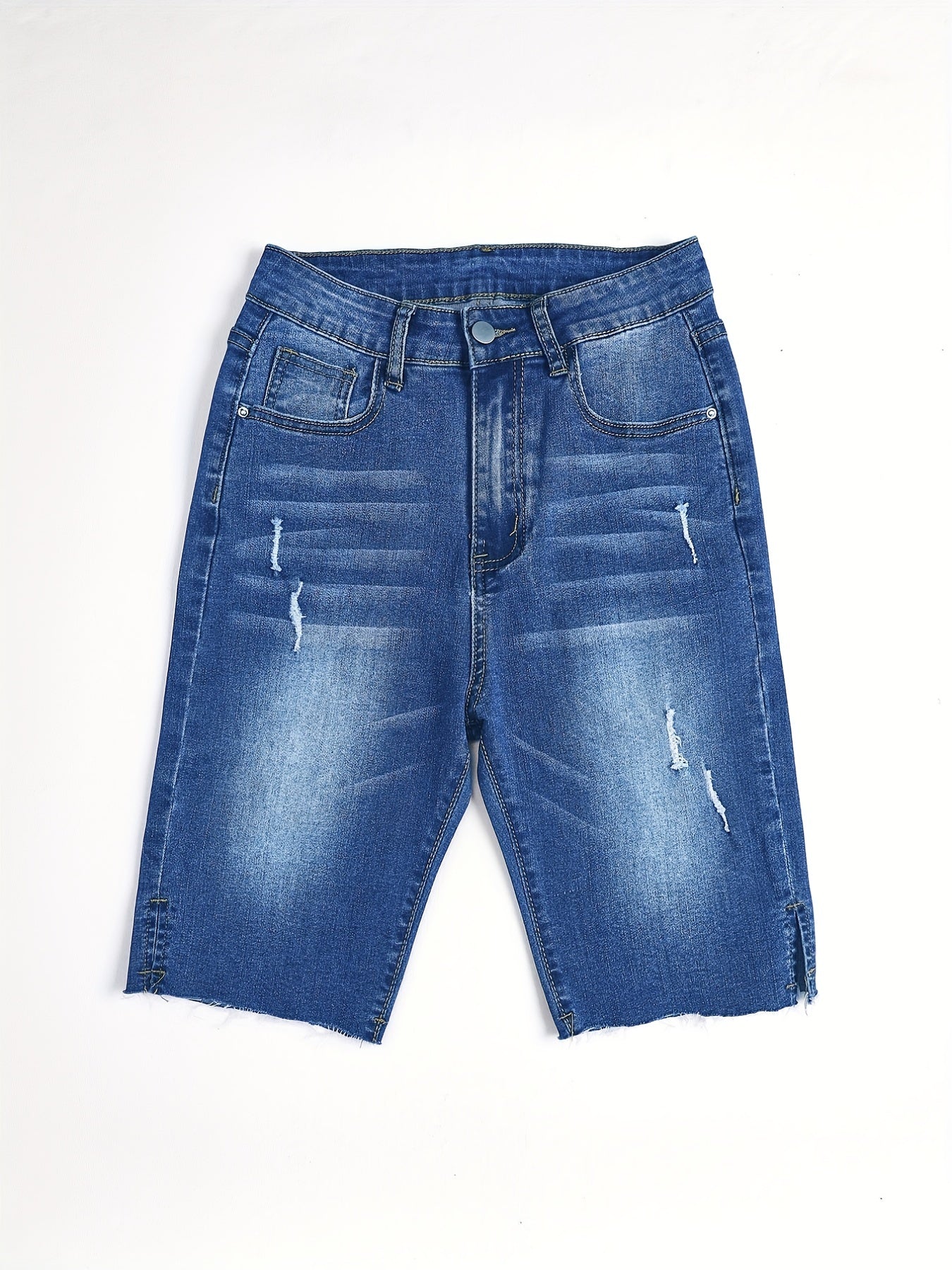「lovevop」Blue Mid-Stretch Denim Shorts, Slash Pockets Casual Short Denim Pants, Women's Denim Jeans & Clothing