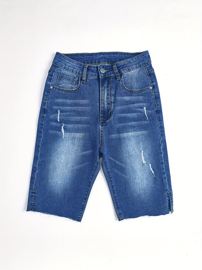 「lovevop」Blue Mid-Stretch Denim Shorts, Slash Pockets Casual Short Denim Pants, Women's Denim Jeans & Clothing